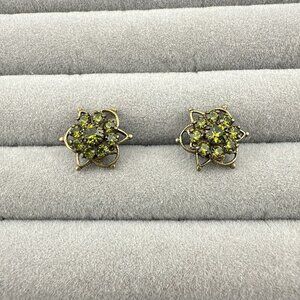 Vintage Kenny Ma Earrings Green AB Rhinestone Cluster Stud Flower SIGNED